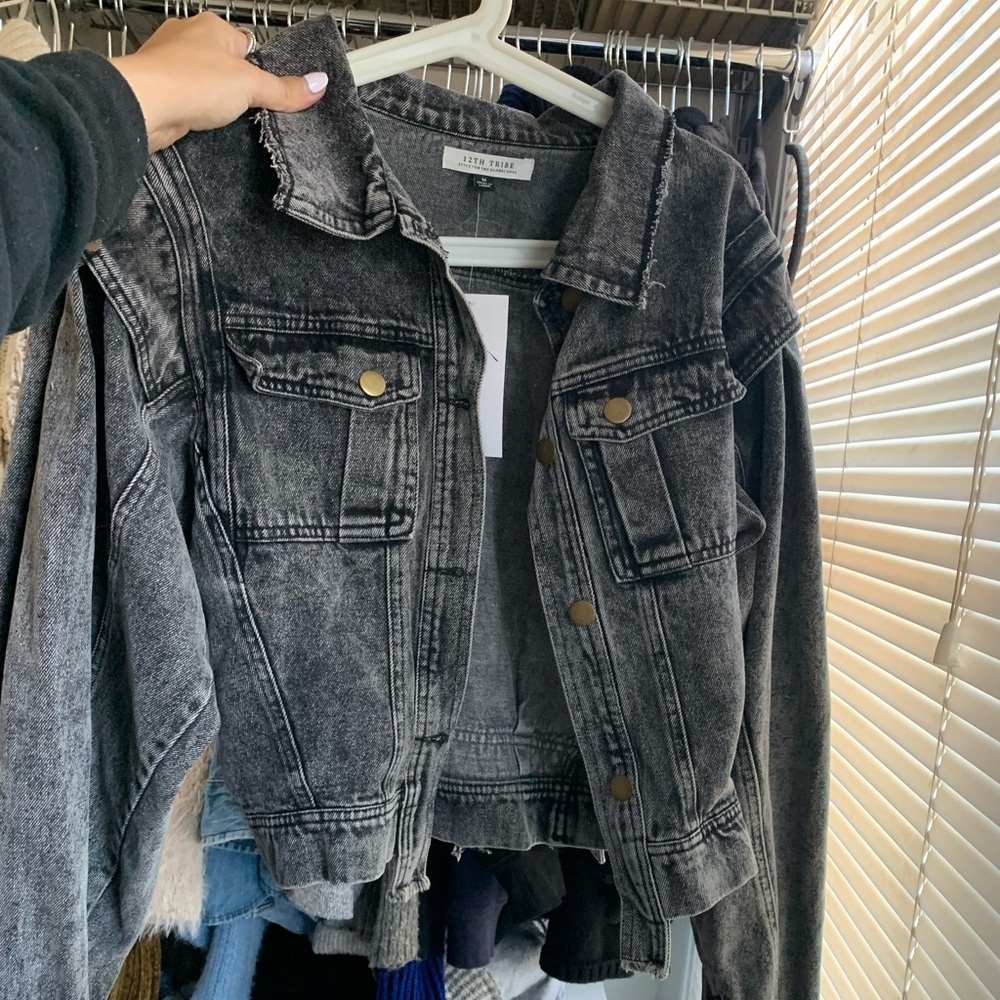 Grey denim jacket with shoulder detail